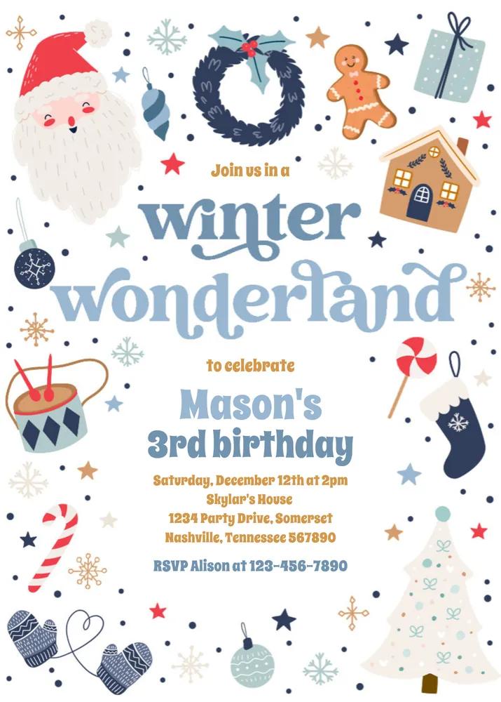 Winter Wonderland Blue Christmas Birthday Party Invitation Canva Template