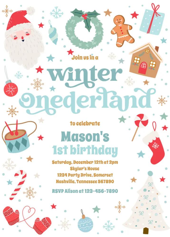 Winter ONEderland 1st Birthday Invitation Canva Template Blue Christmas