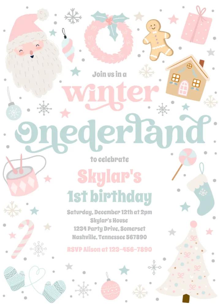 Winter ONEderland Pink Christmas 1st Birthday Invitation Canva Template