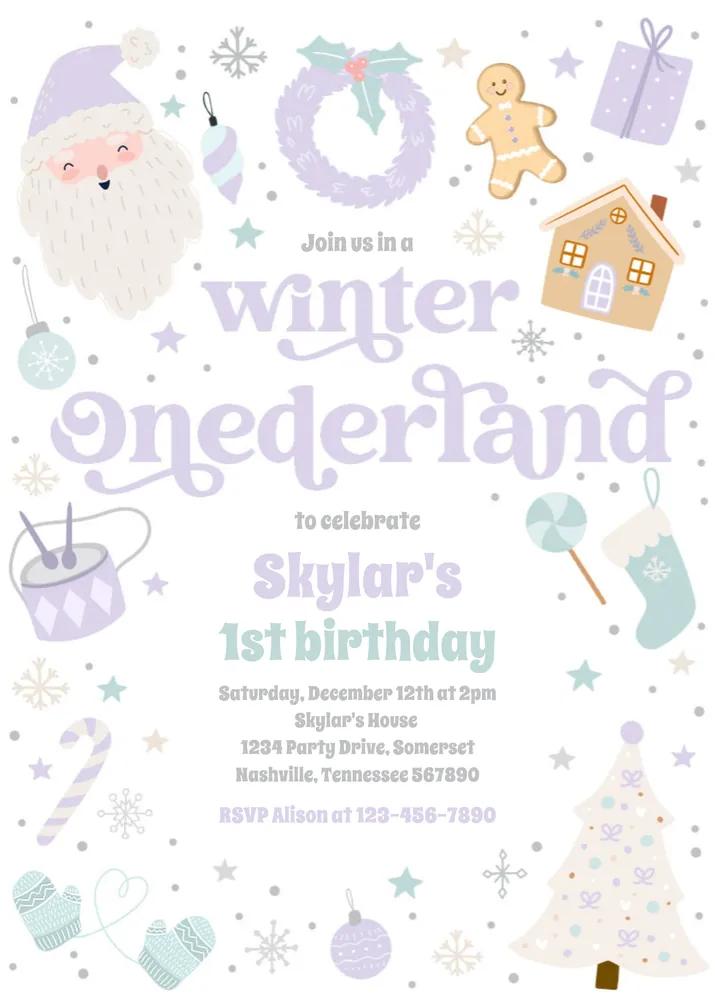 Winter ONEderland 1st Birthday Invitation | Purple Christmas Canva Template