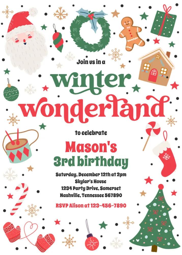 Winter Wonderland Red Christmas Birthday Party Invitation Canva Template