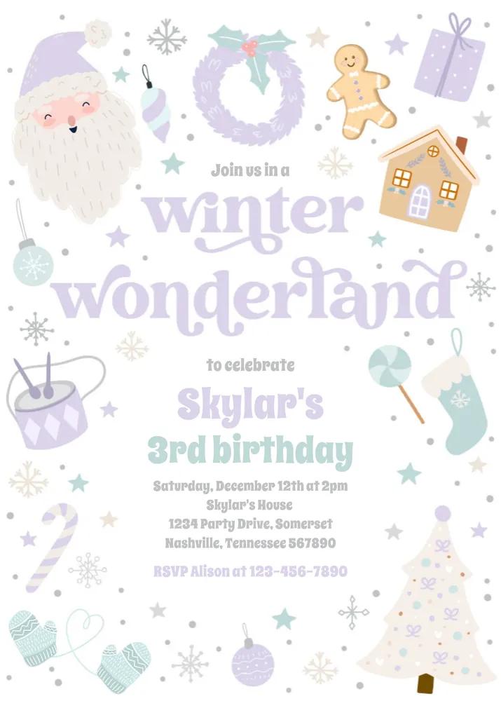 Winter Wonderland Purple Christmas Birthday Party Invitation Canva Template