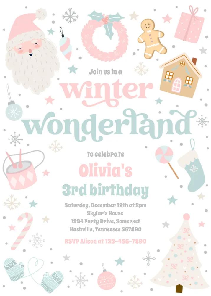 Pink Winter Wonderland Christmas Birthday Invitation Canva Template
