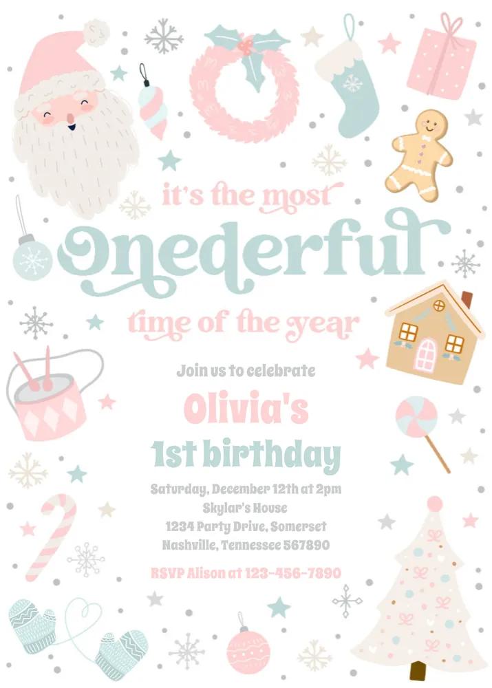 Most Onederful Time Christmas 1st Birthday Invitation Canva Template