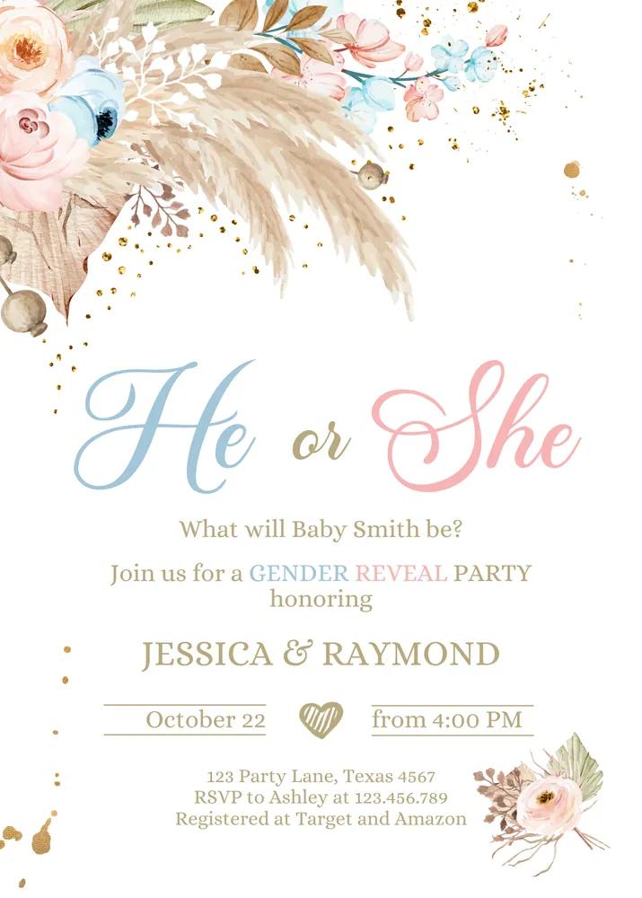 Boho Pampas Grass Gender Reveal Invitation Canva Template - Tropical Desert DIY