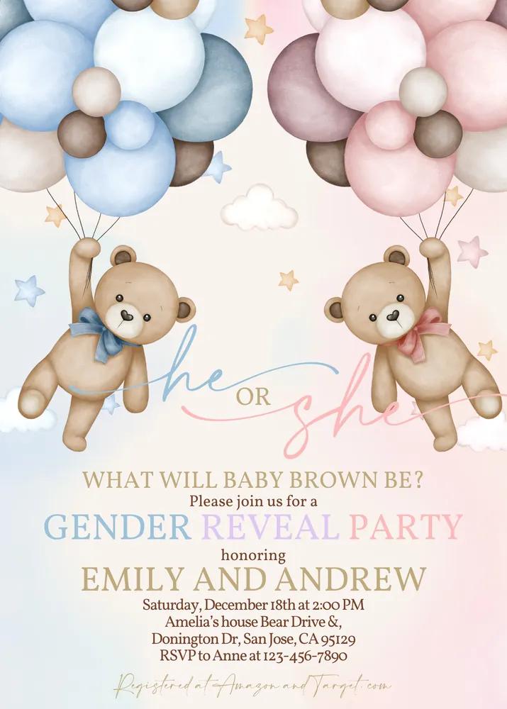 Teddy Bear Gender Reveal Invitation Canva Template Boho Hot Air Balloon