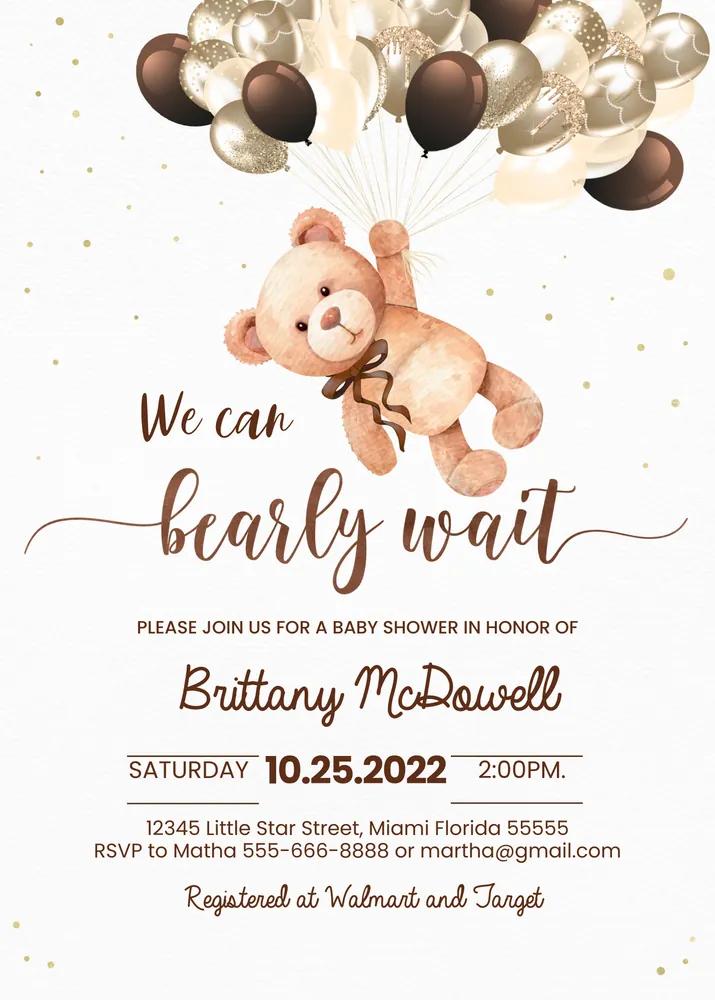 We Can Bearly Wait Baby Shower Invitation - Teddy Bear Canva Template