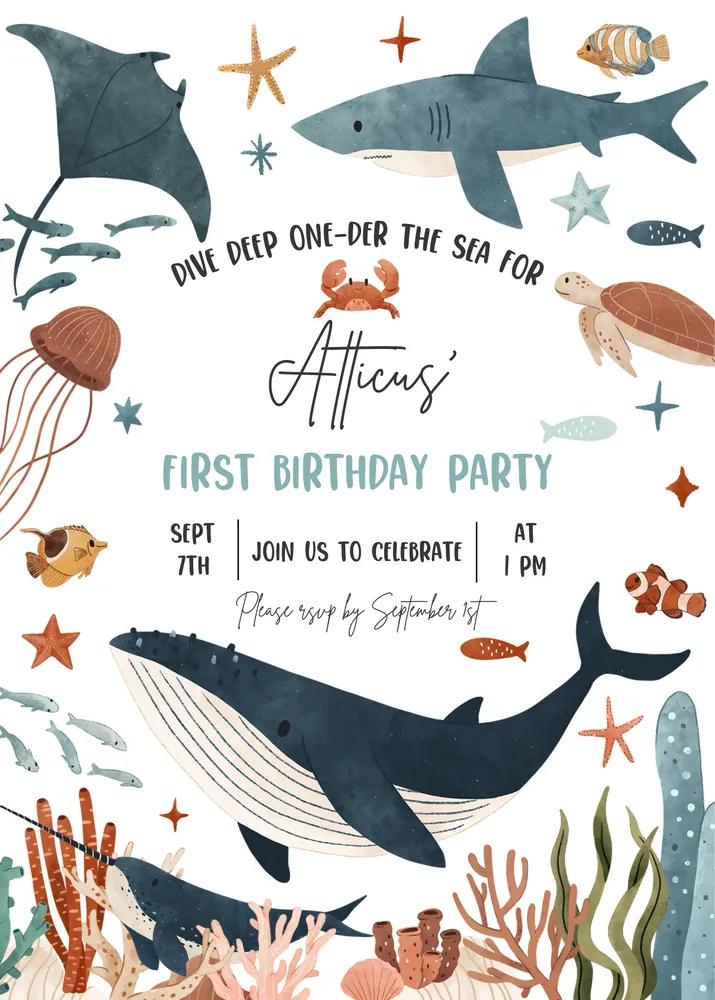 Under the Sea 1st Birthday Invitation Canva Template | Whale Shark Sea Life