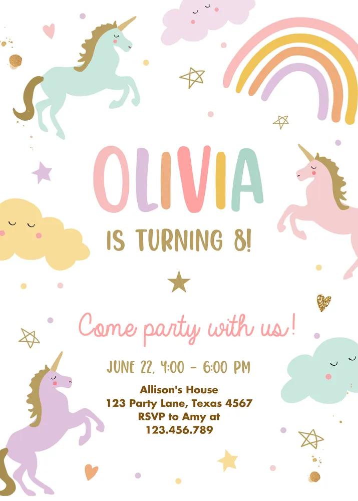 Unicorn Birthday Invitation | Editable Canva Template Pink Pastel Girl Invite