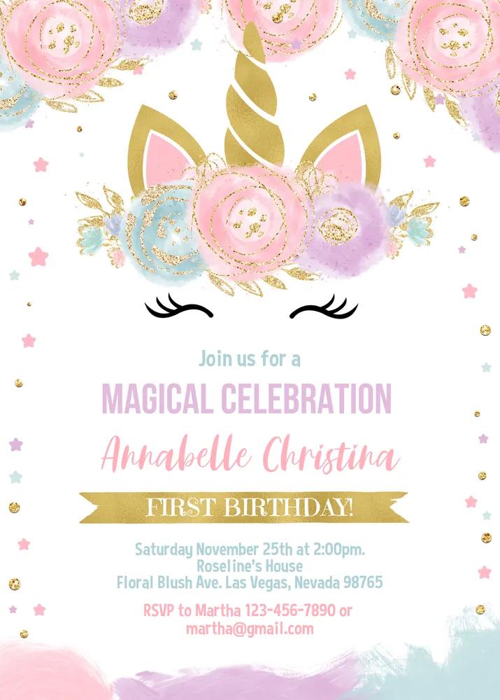 Magical Unicorn Birthday Invitation - Editable Canva Template Gold Girl Party