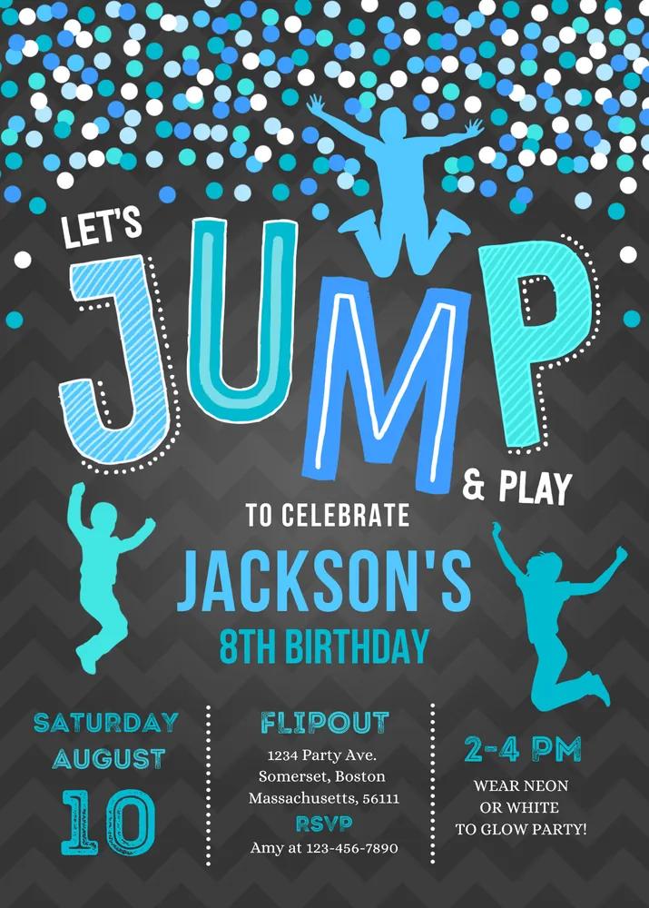 Jump Invitation | Blue & Black Trampoline Birthday Canva Template