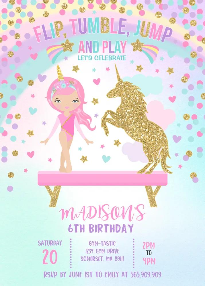 Gymnastics Unicorn Birthday Invitation | Editable Canva Template