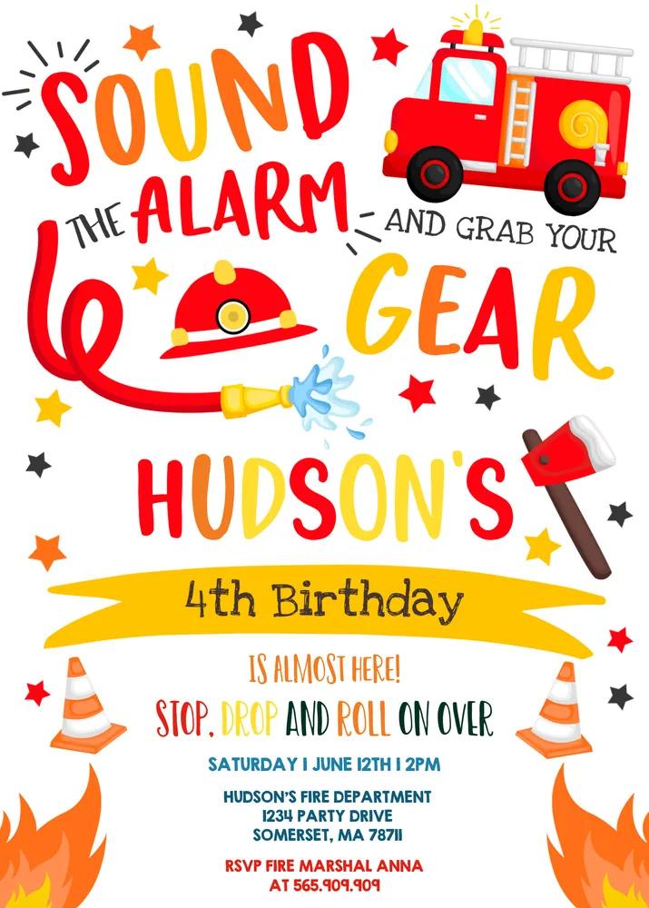 Firetruck Birthday Invitation | Editable Firefighter Birthday Party Canva Template
