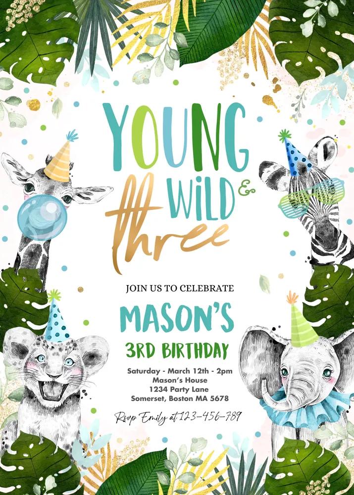 Young Wild and Three Birthday Invite Safari Animal 3rd Birthday Canva Template