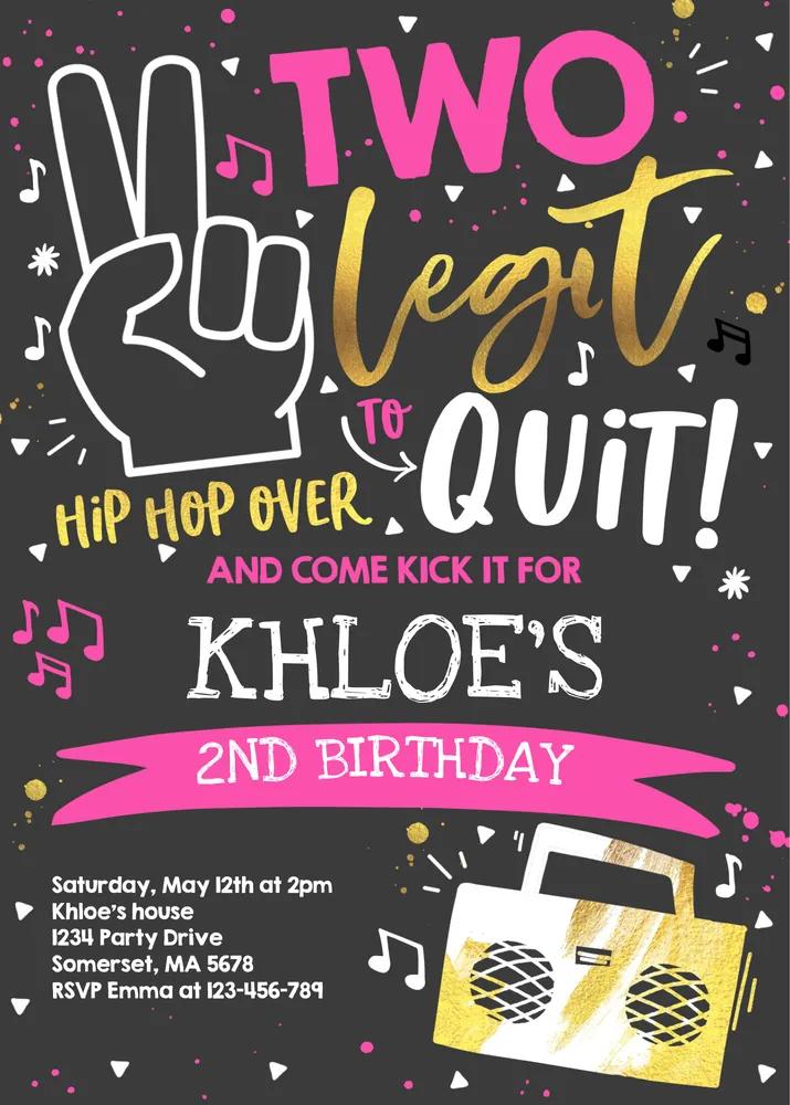 Two Legit to Quit Birthday Invitation | Girl 2nd Birthday Canva Template