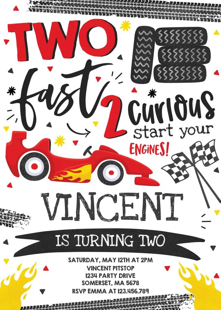 Two Fast Race Car 2nd Birthday Invitation Canva Template