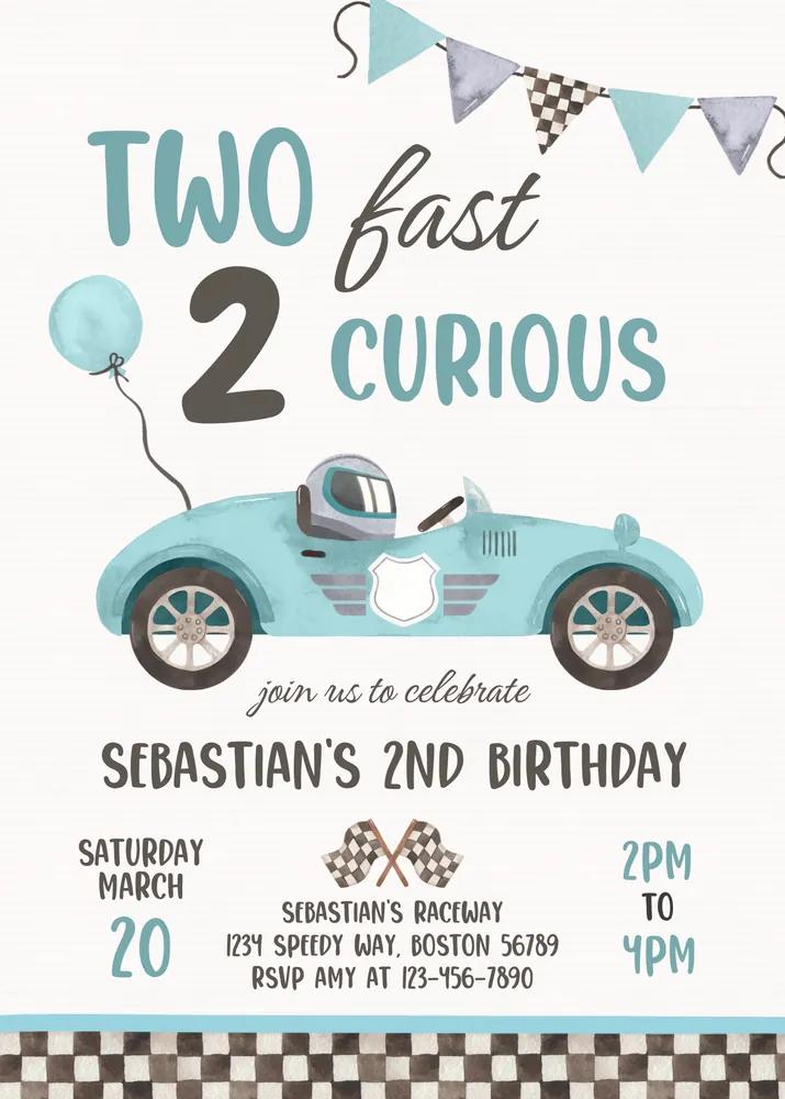 Two Fast Race Car 2nd Birthday Invitation Canva Template Light Blue