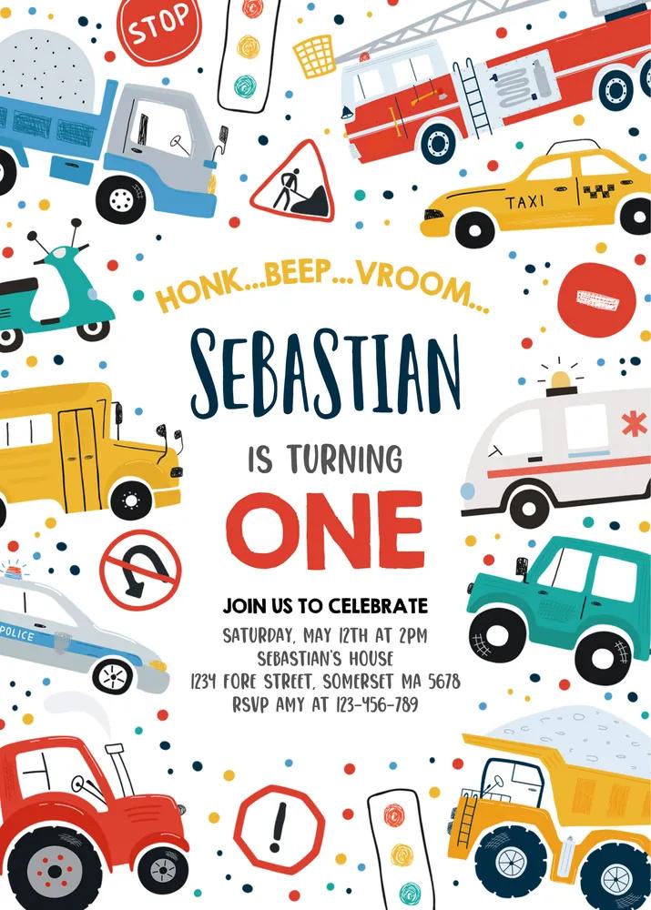 Transportation Birthday Party Invitation Canva Template | Cars Trucks Diggers