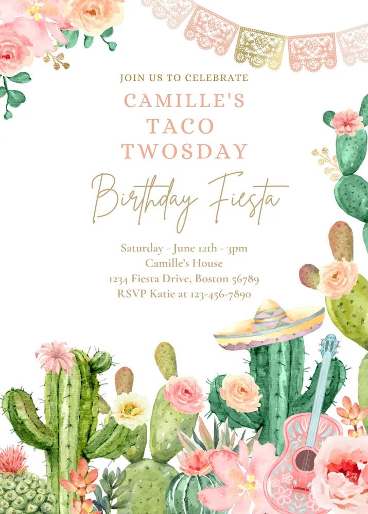 Taco Twosday 2nd Birthday Invitation Canva Template | Fiesta Party