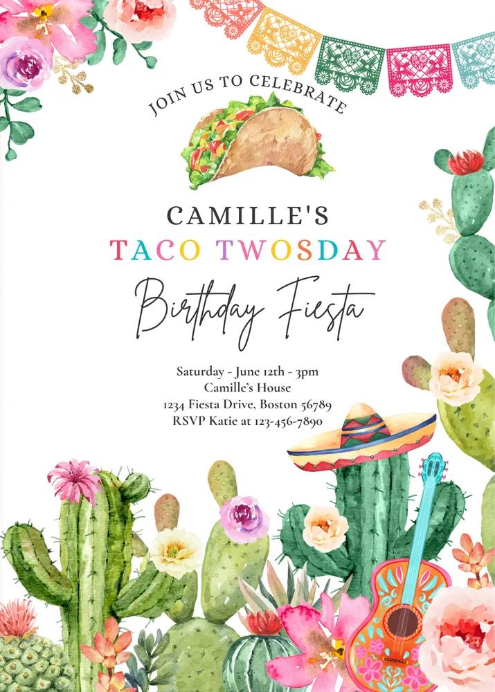 Taco Twosday 2nd Birthday Invitation Canva Template Fiesta Party