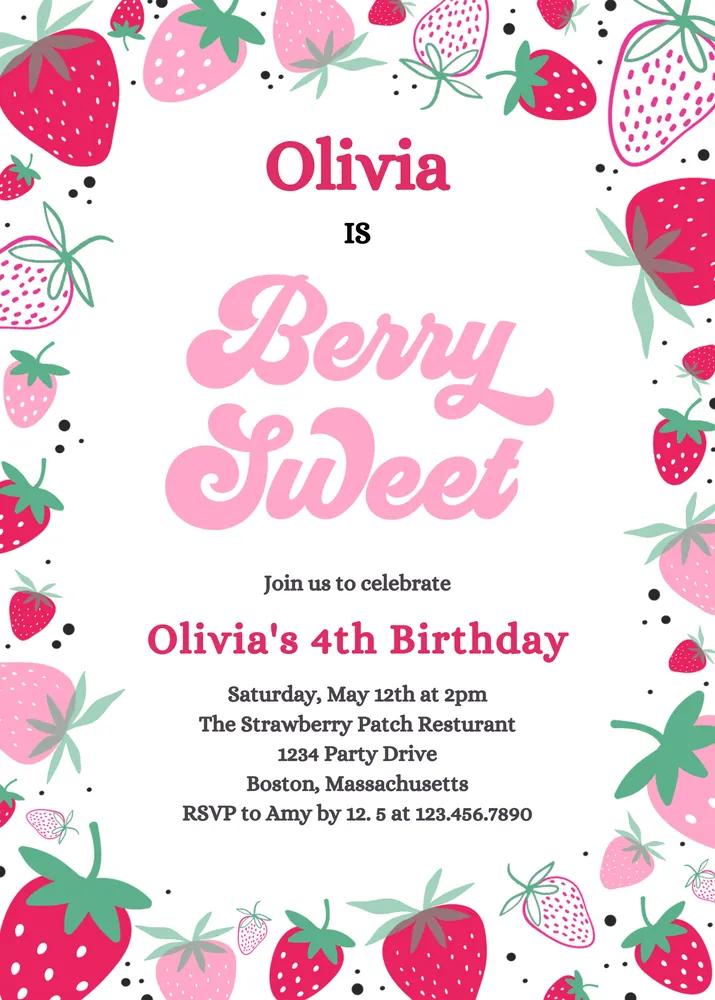 Berry Sweet Strawberry Birthday Invitation | Editable Canva Template