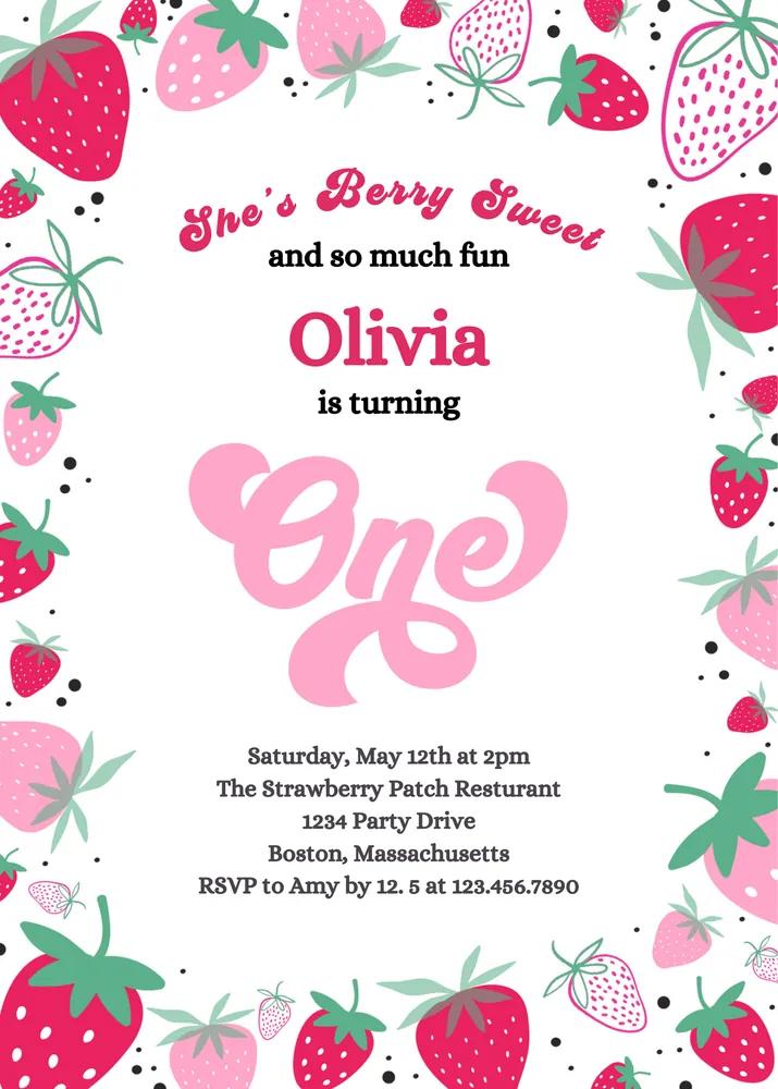 Strawberry Berry First Birthday Invitation Canva Template | Summer 1st Birthday