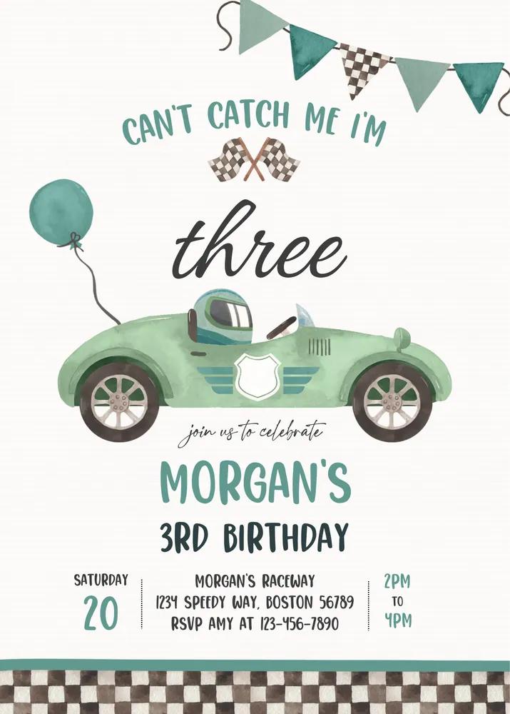 Green Race Car 3rd Birthday Invitation Canva Template, Cant Catch Me Im Three
