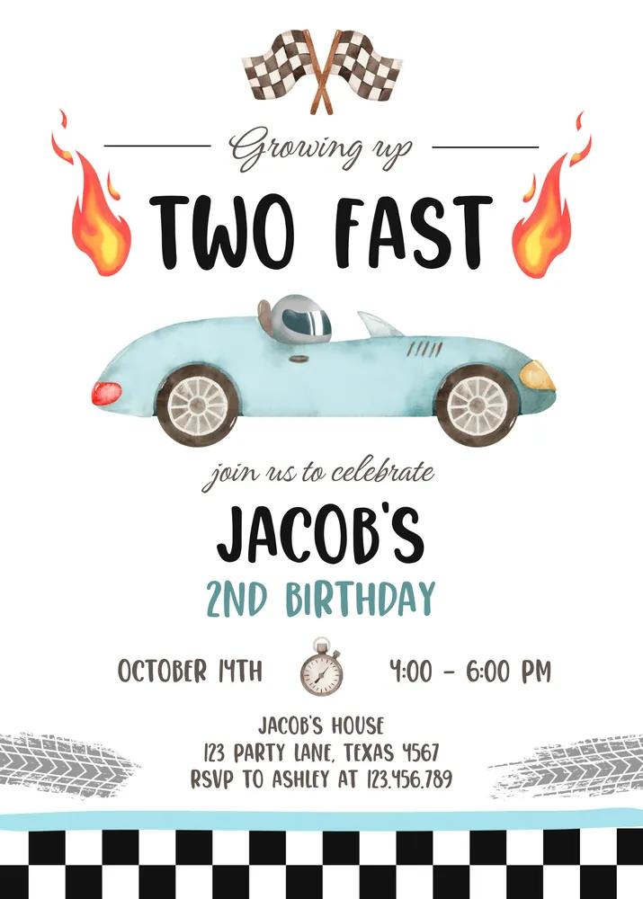 Two Fast Racing Car 2nd Birthday Invitation Canva Template Light Blue Boy Invite