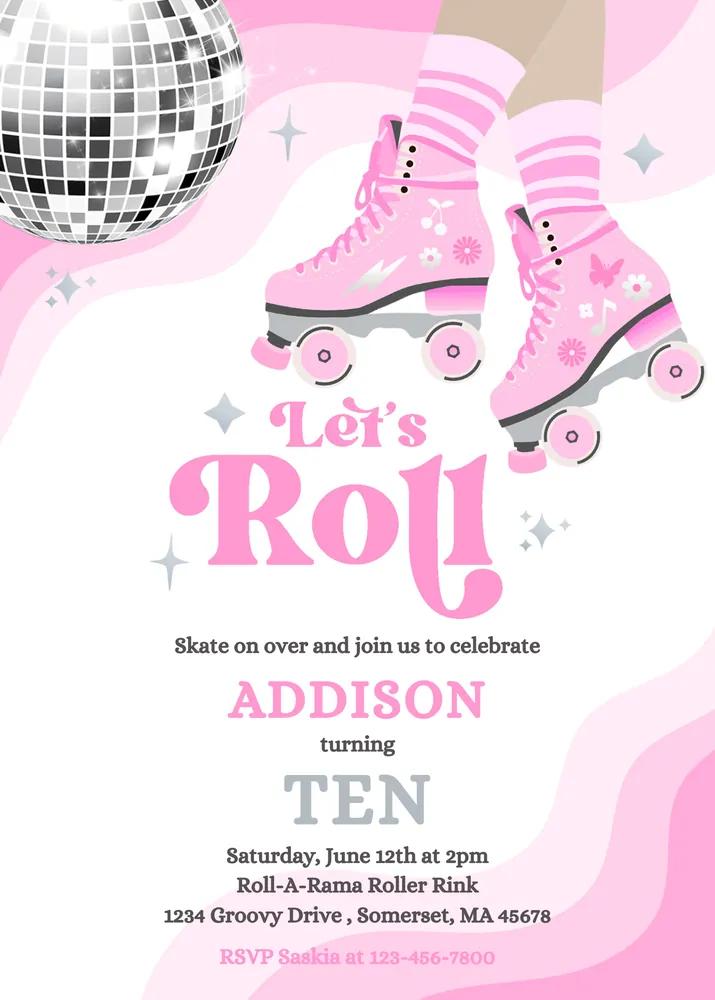 Retro Roller Skating Birthday Invite - Groovy 70s Party Canva Template