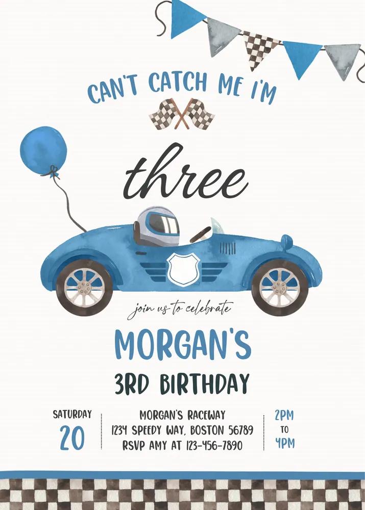 Blue Race Car 3rd Birthday Invitation Canva Template - Cant Catch Me Im Three