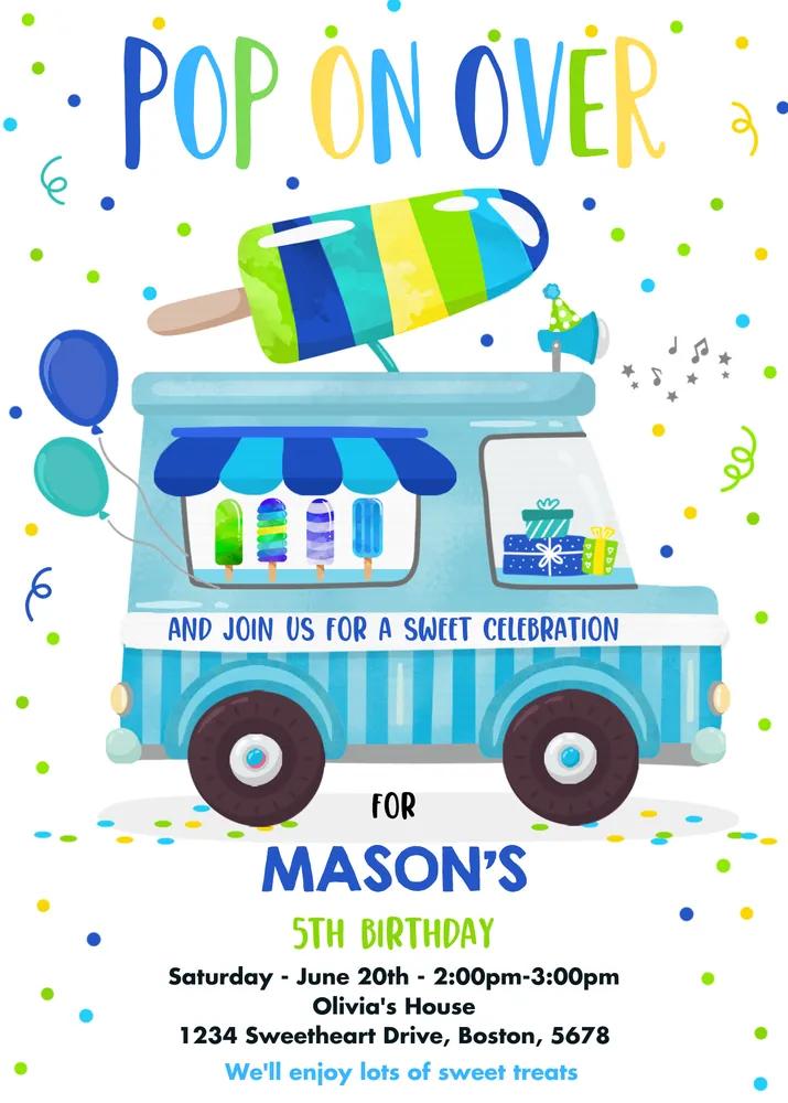Popsicle Birthday Invitation | Editable Canva Template Ice Cream Truck Party