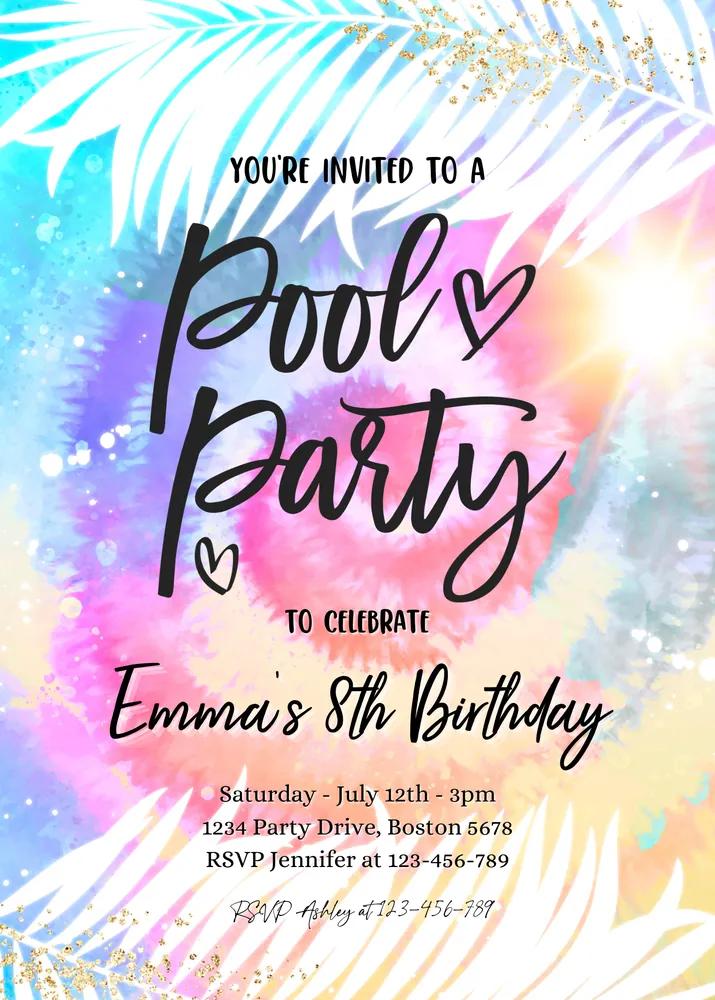 Girly Tie Dye Pool Party Invitation | Editable Canva Template Summer Birthday