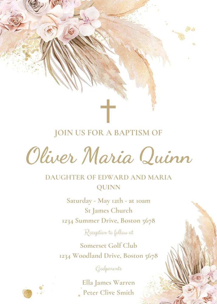 Boho Pampas Grass Baptism Invitation Template - Editable Canva Christening Invite