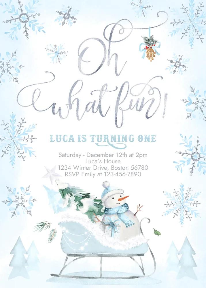 Oh What Fun Winter Sleigh Birthday Invitation | Editable Canva Template