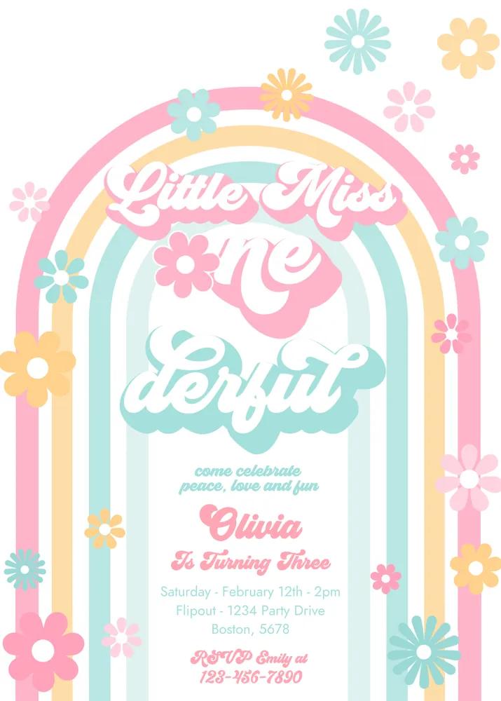 Little Miss ONEderful 1st Birthday Invitation | Groovy Daisy Canva Template
