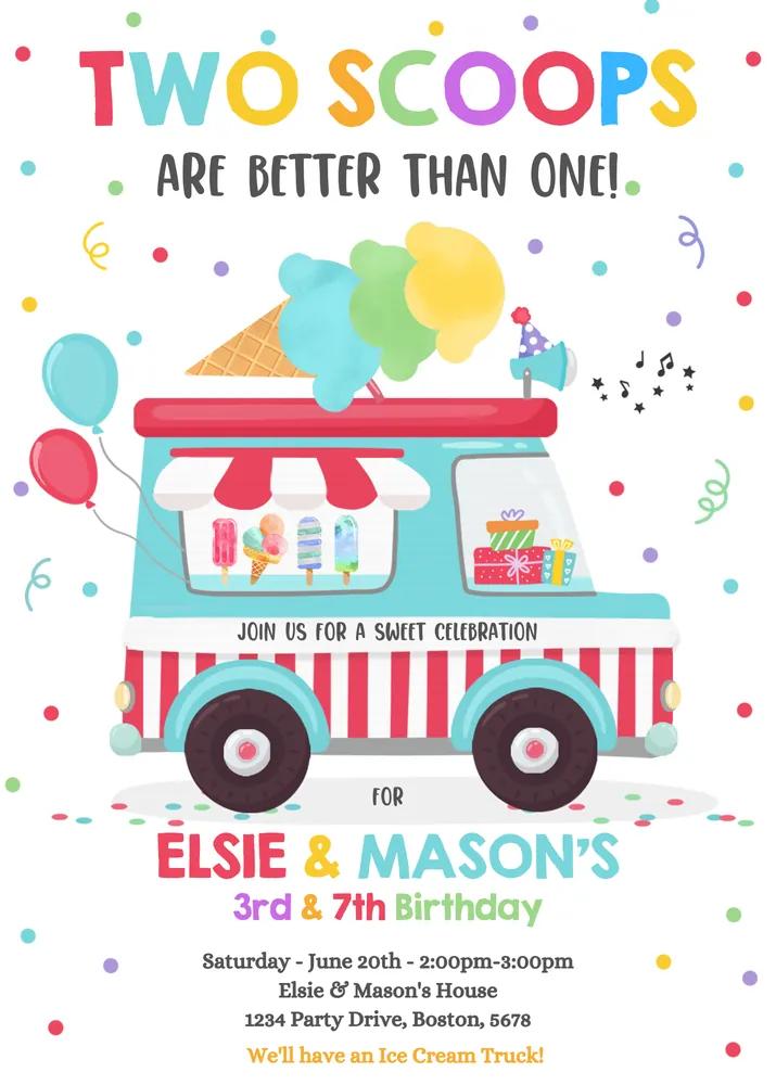 Ice Cream Truck Twin Birthday Invitation Two Scoops Are Better Than One Canva