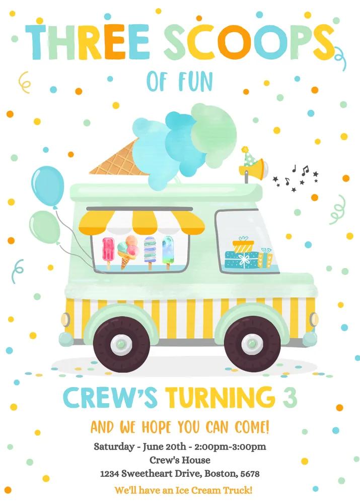 Three Scoops of Fun 3rd Birthday Invitation Canva Ice Cream Truck Template