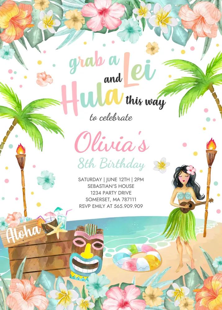 Hawaiian Luau Birthday Party Invitation | Tropical Pool Party Canva Template