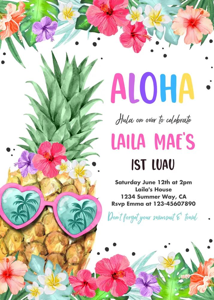 Hawaiian Luau Girl 1st Birthday Invite | Editable Canva Template Pineapple Party
