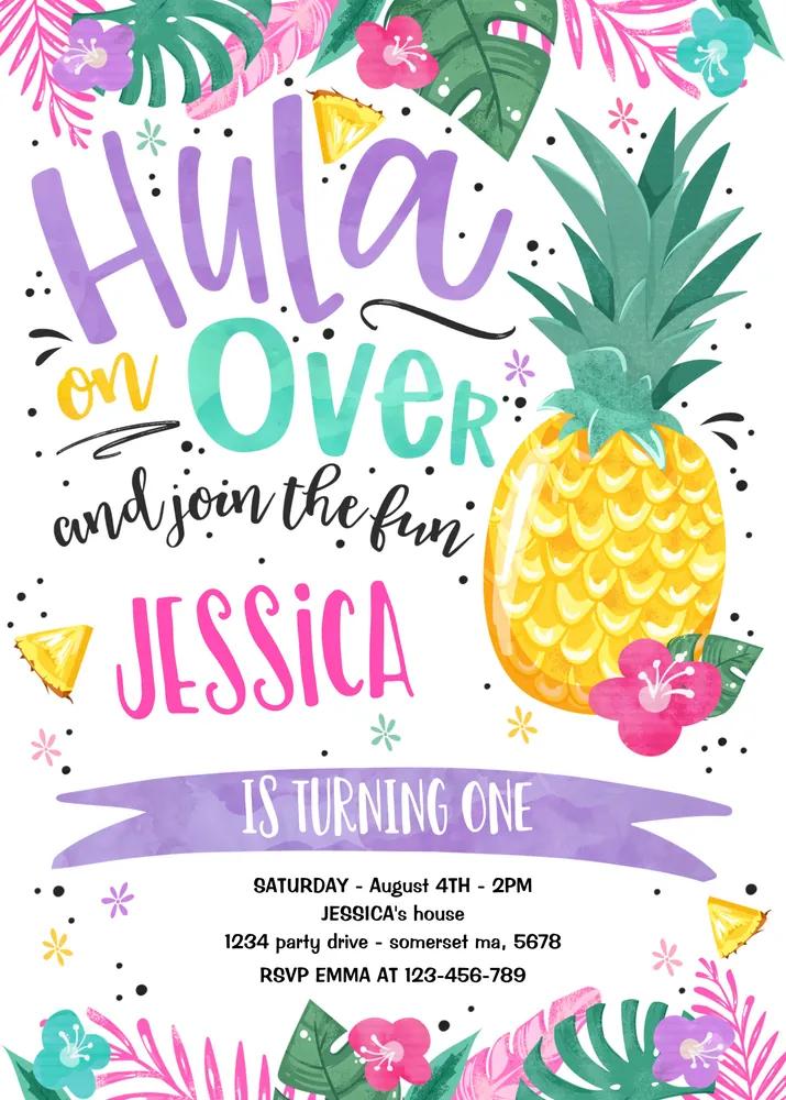 Pineapple Hawaiian Luau 1st Birthday Invitation | Editable Canva Template