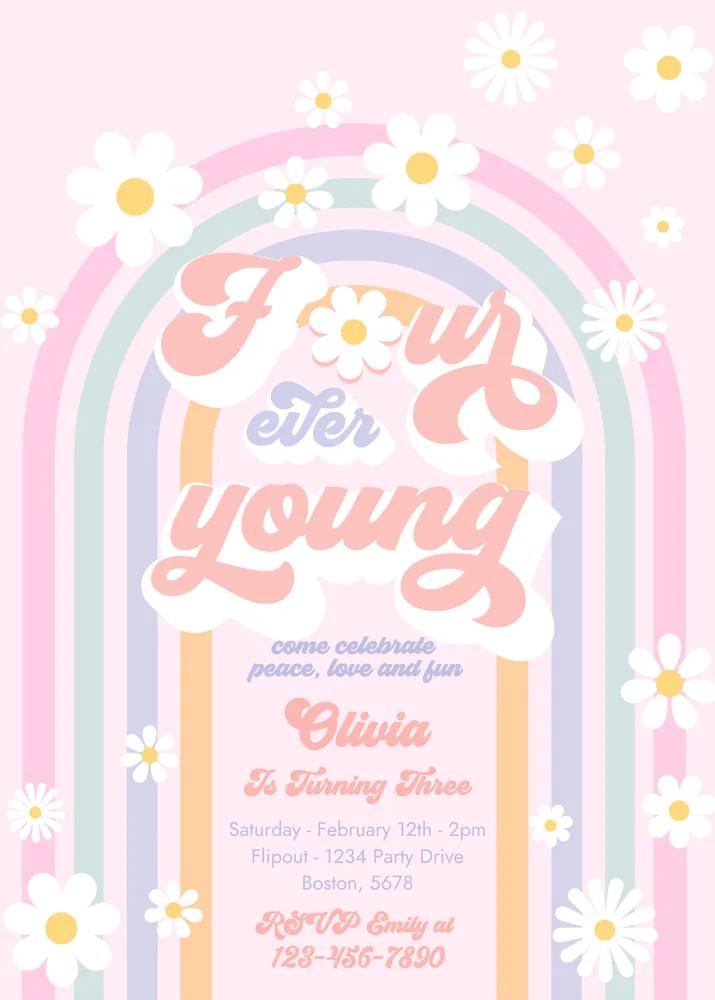 Four Ever Young 4th Birthday Invitation Canva Template Peace Love Groovy