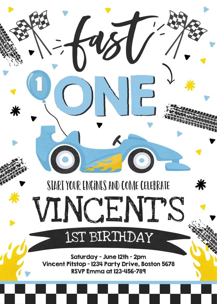 Fast One 1st Birthday Invite | Blue Race Car Canva Template | Instant Download