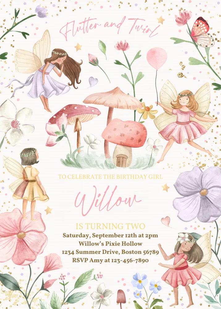 Fairy Birthday Invitation - Editable Canva Template Whimsical Enchanted Party