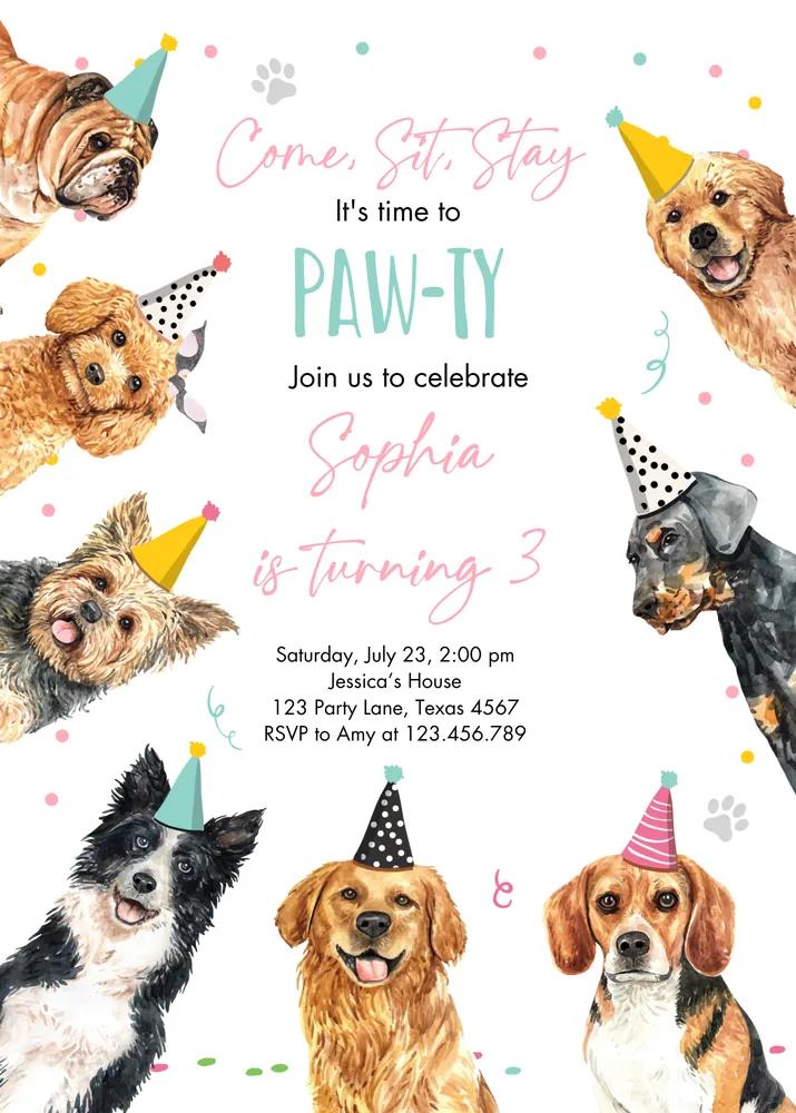 Pink Girl Dog Birthday Party Invitation | Editable Canva Template Puppy Invite