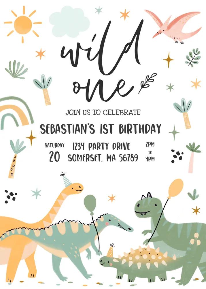 Dinosaur Wild One 1st Birthday Invitation | Editable Canva Template