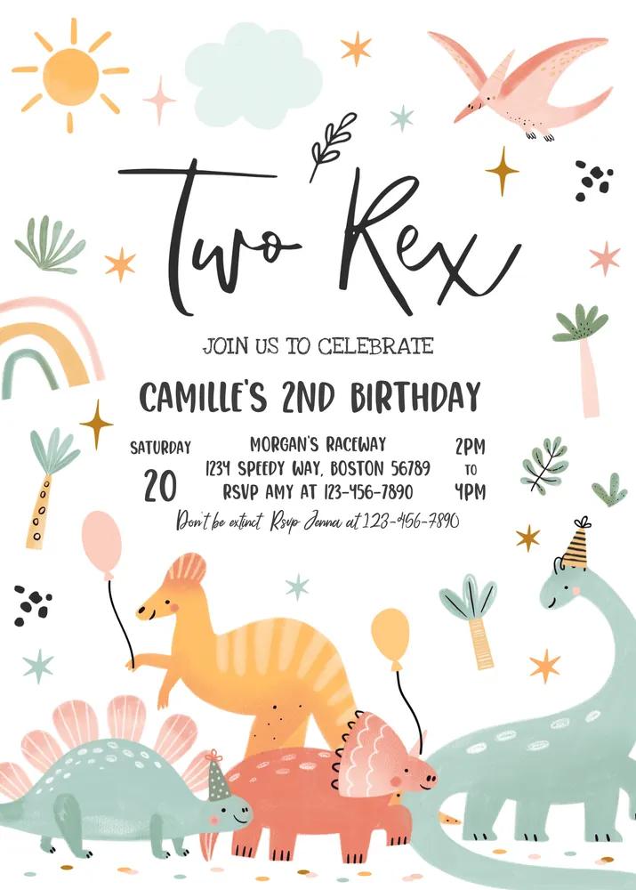Dinosaur 2nd Birthday Invite Template | Two Rex Canva Invitation
