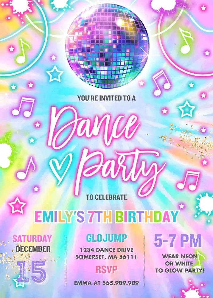Glow Tie Dye Dance Party Invitation | Editable Canva Template Disco Invite