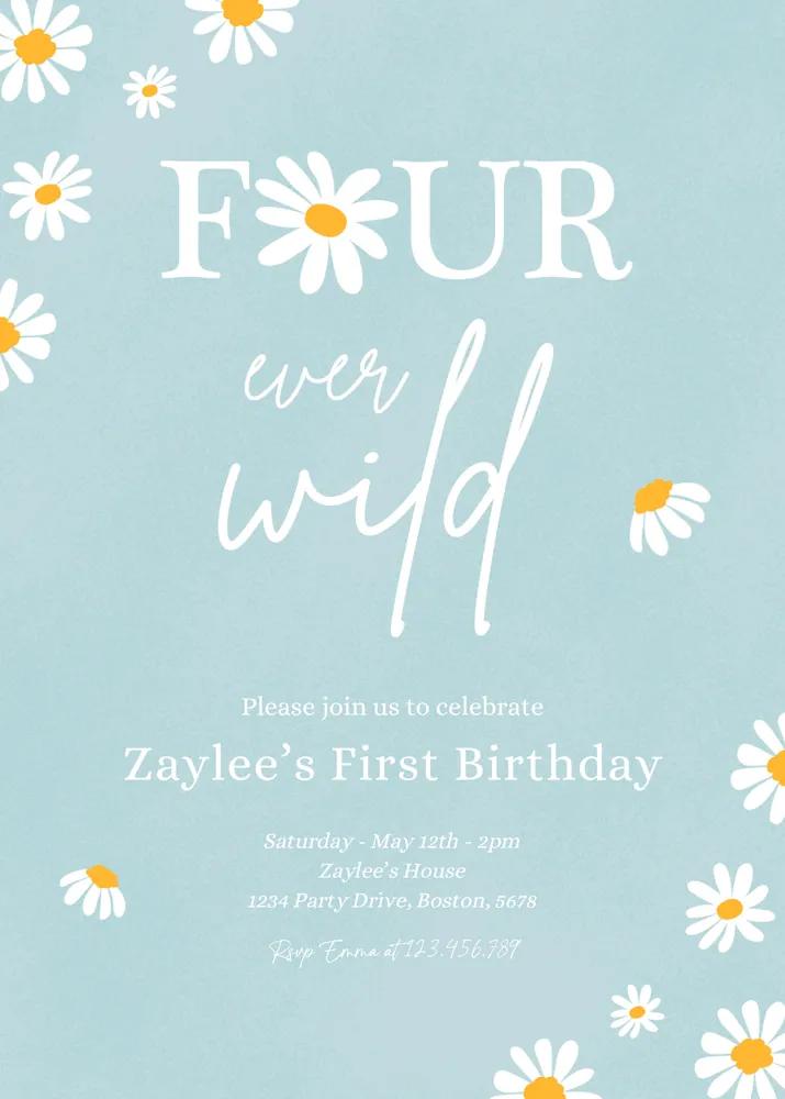 Boho Daisy 4th Birthday Invitation Template, Four Ever Wild Canva Invite