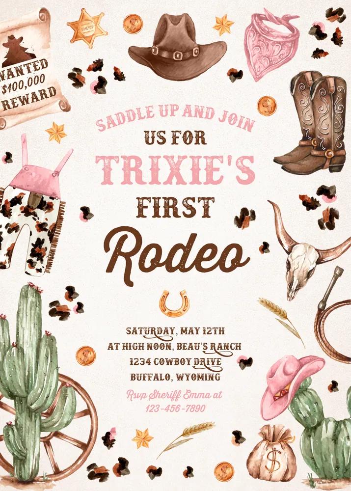 Cowgirl Birthday Party Invitation | Wild West 1st Rodeo Canva Template