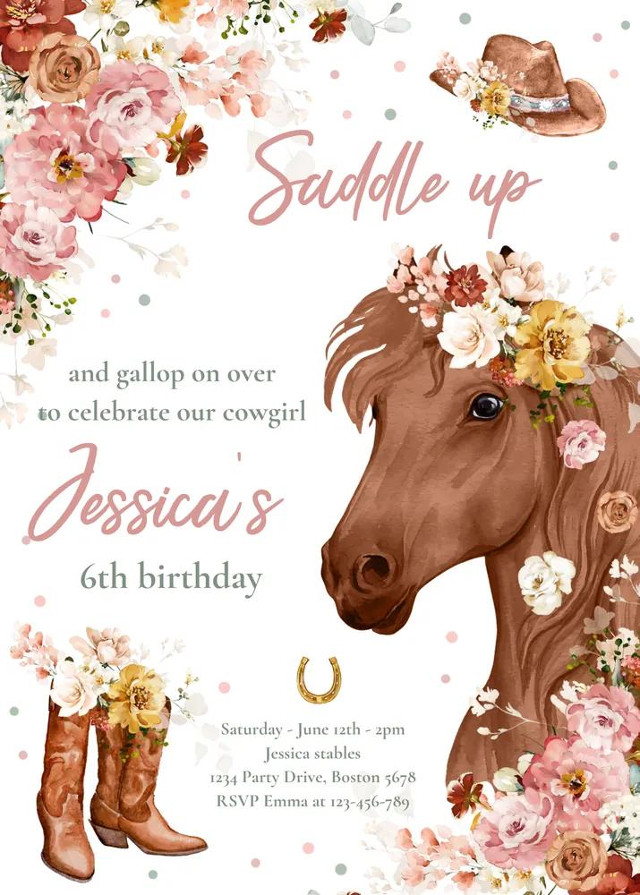 Cowgirl Horse Birthday Invitation | Wildflower Floral Canva Template